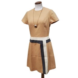 Vintage 1950's Alison Ayres Colorblock Sheath Dress Tan Hopsack Tweed Mod 6